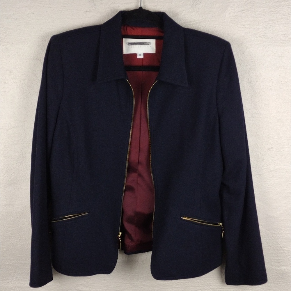 Hugo Buscati Collection Deep Blue Wool Collared Long Sleeve Zip Up Blazer Jacket - Picture 5 of 16